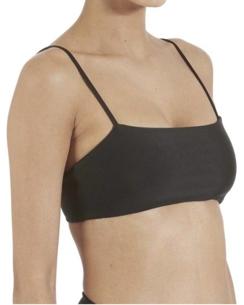 Front of a model wearing a size L Kumu Top Night In Black in Black by MIKOH. | dia_product_style_image_id:359097